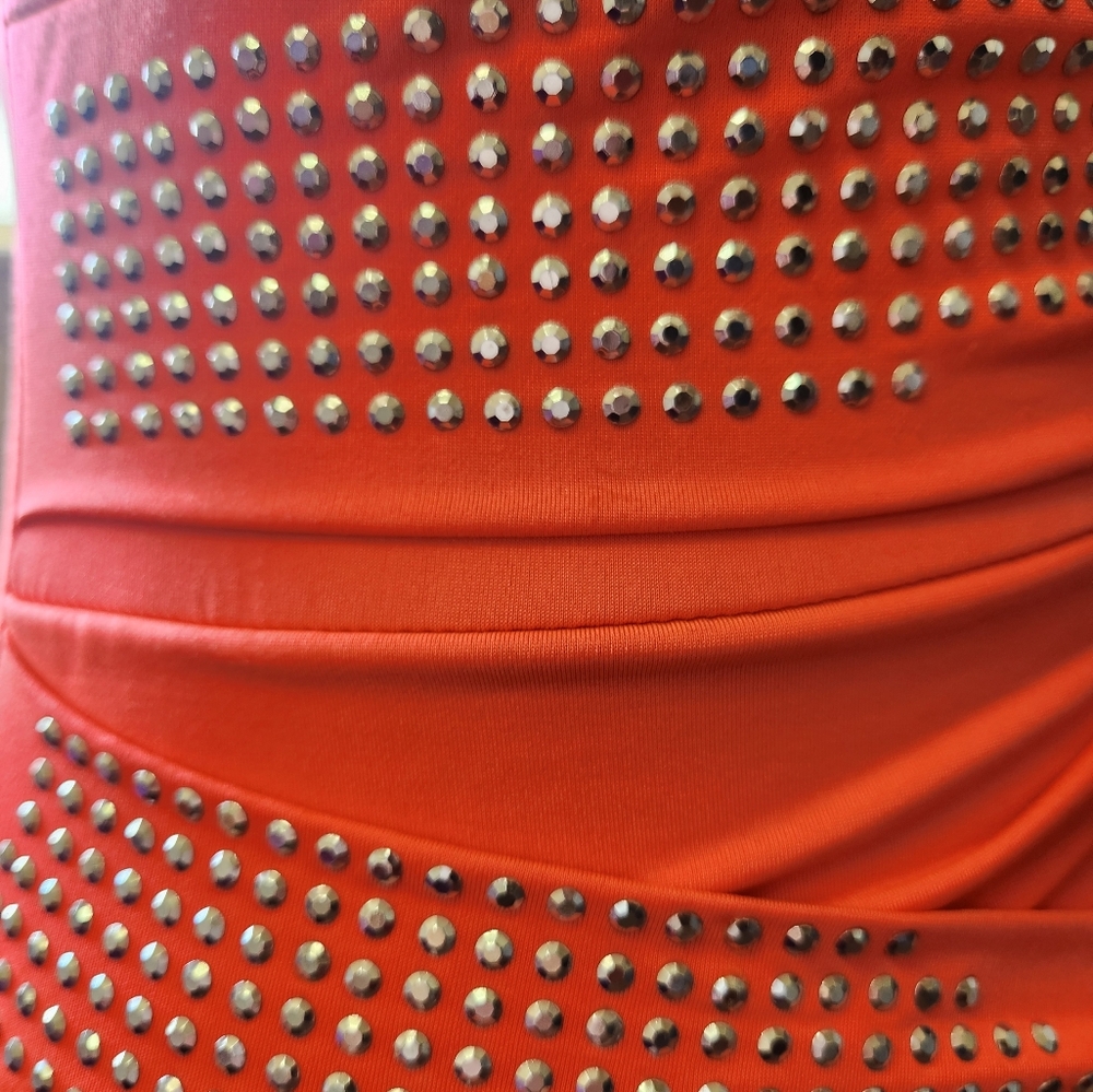 Y2K Vintage Deb Strapless Ruched NEON Orange Mini Dress Rhinestones S Party - Picture 4 of 16